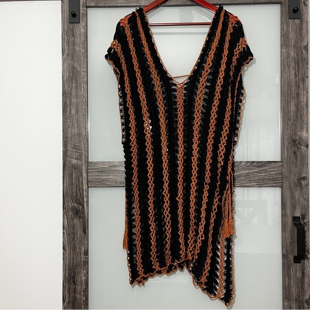 Black and Brown Crochet Swim Cover-Up Boho Gypsy Delicate - Picture 7 of 8